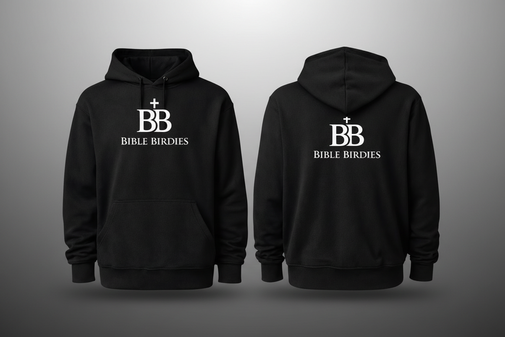 Black hoodie with 'Bible Birdies' logo on front and back