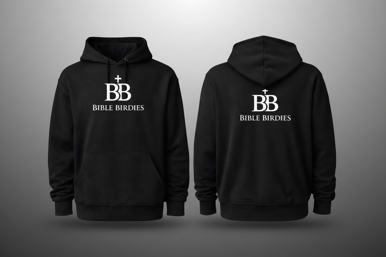 Black hoodie with 'Bible Birdies' logo on front and back